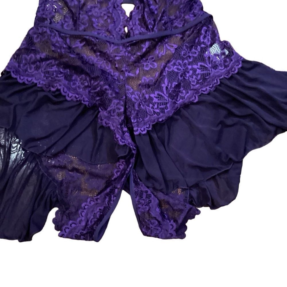 Purple Floral Lace Teddy Lingerie Bodysuit Halter Deep V Neck One Piece Sz 3X - Picture 6 of 8